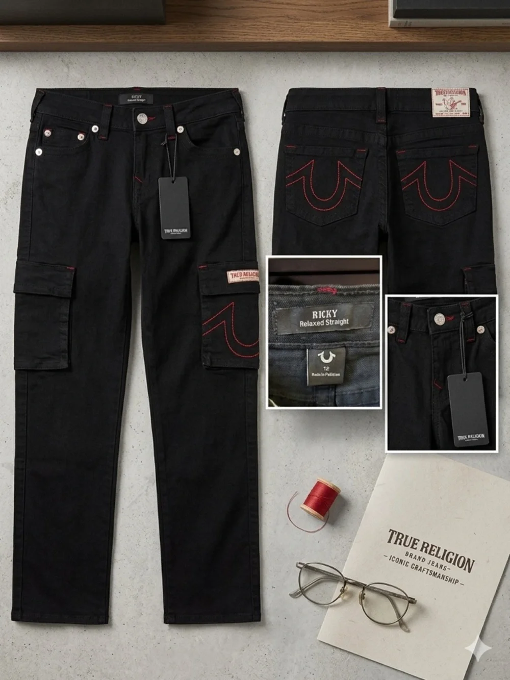 True Religion Boys' Black Jeans with Red Stitching Accent